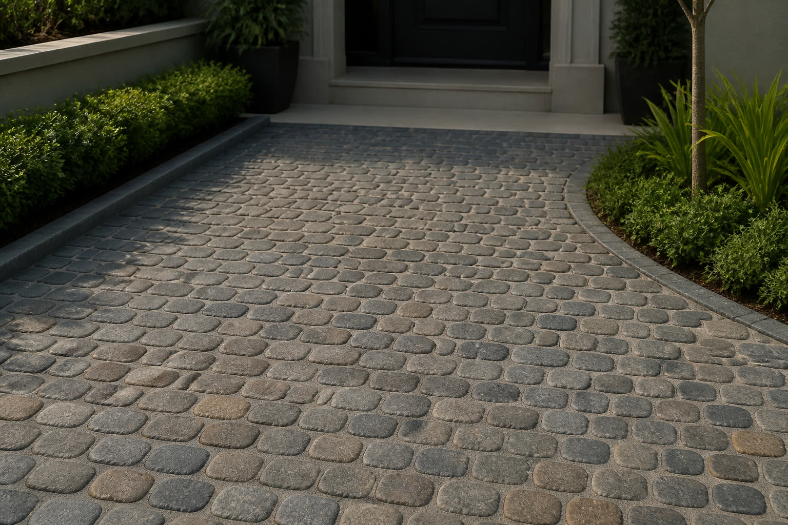 Rounded cobble paving with an articulated stone texture
