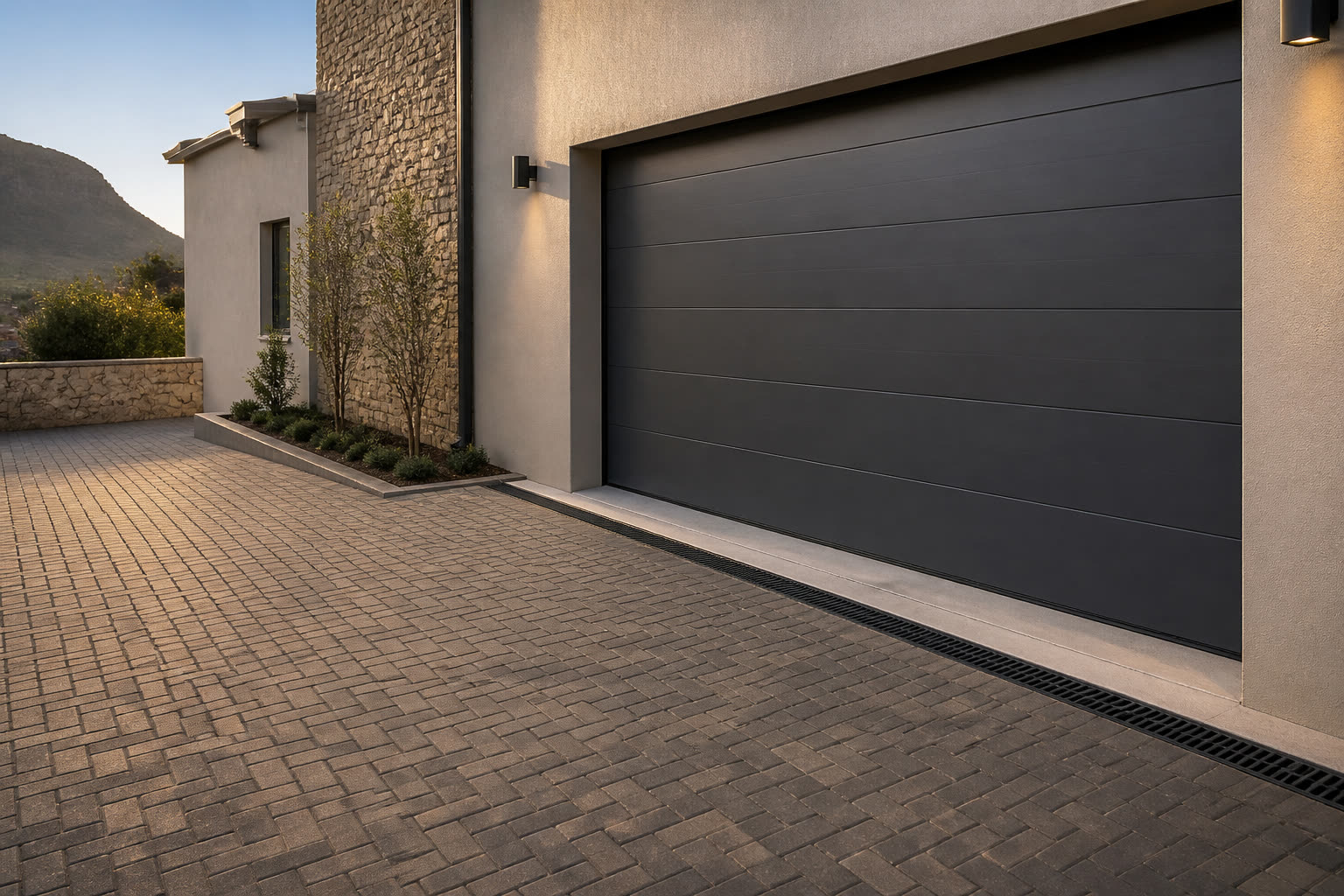Paved driveway with a linear surface drainage channel