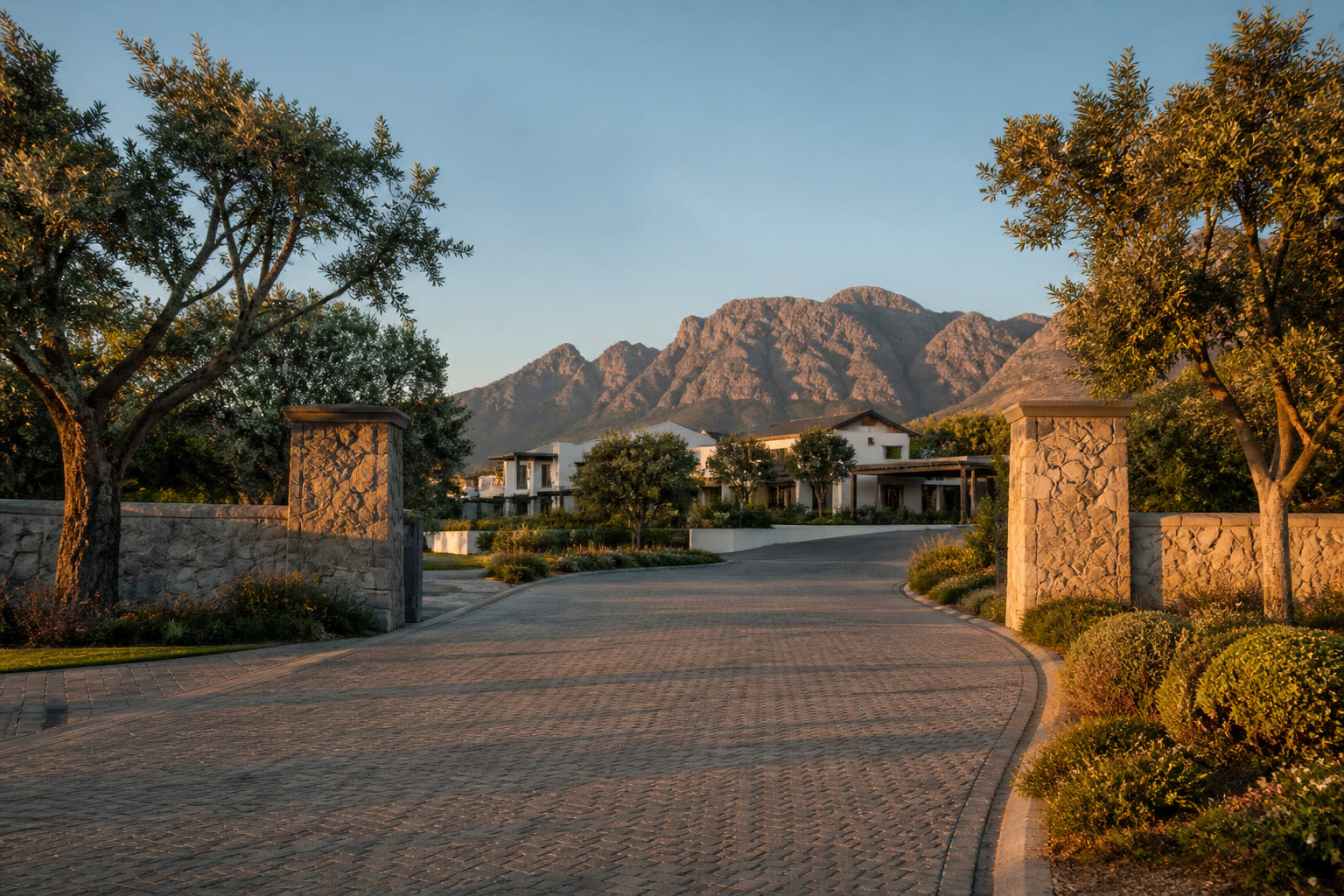 Shared estate driveway paving at an entrance scale