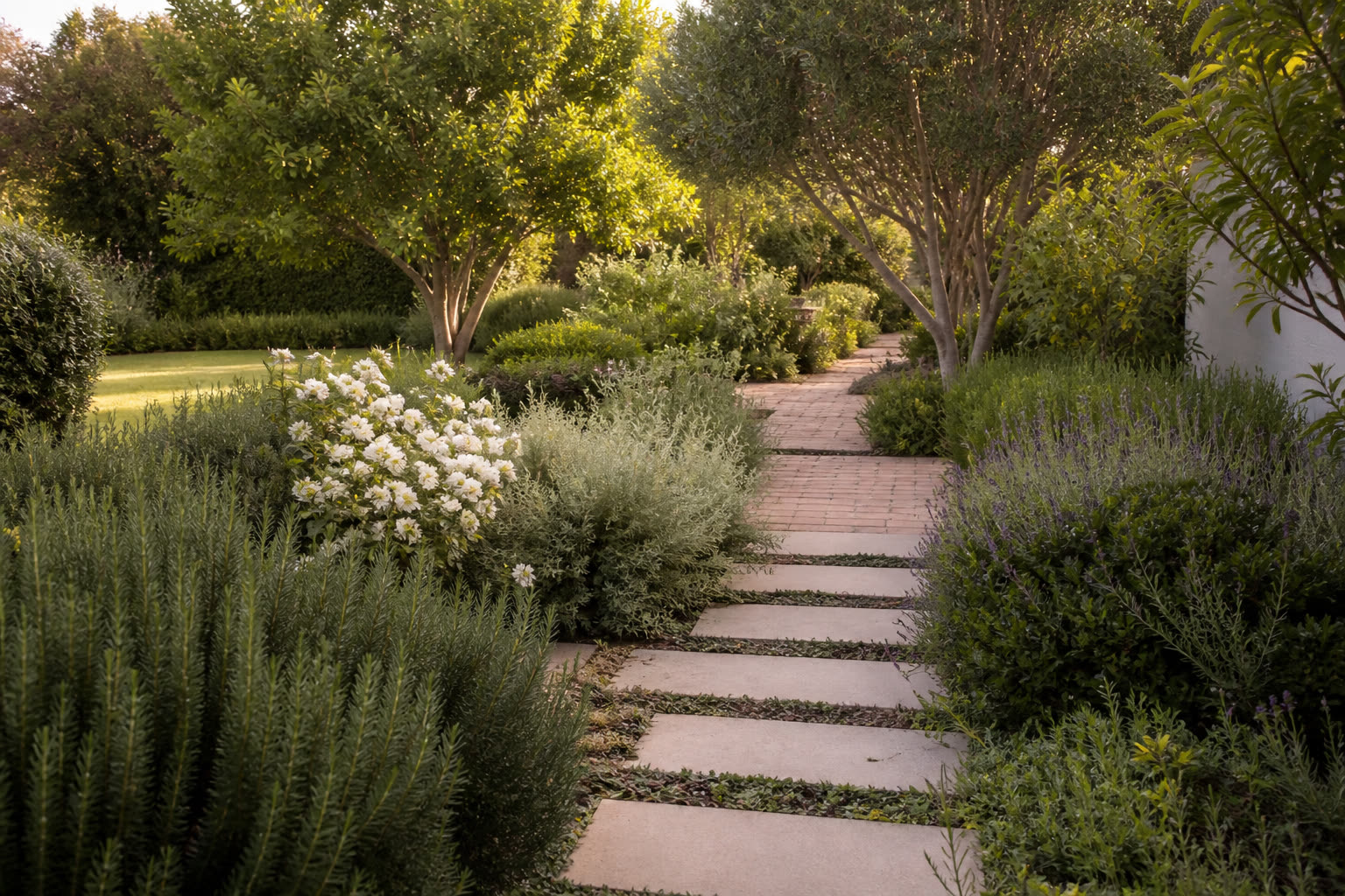 Garden path paving bordered by planting