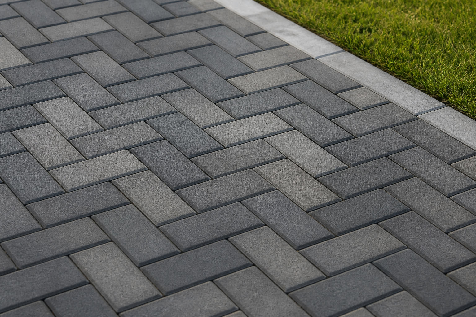 Interlocking concrete pavers in a herringbone layout