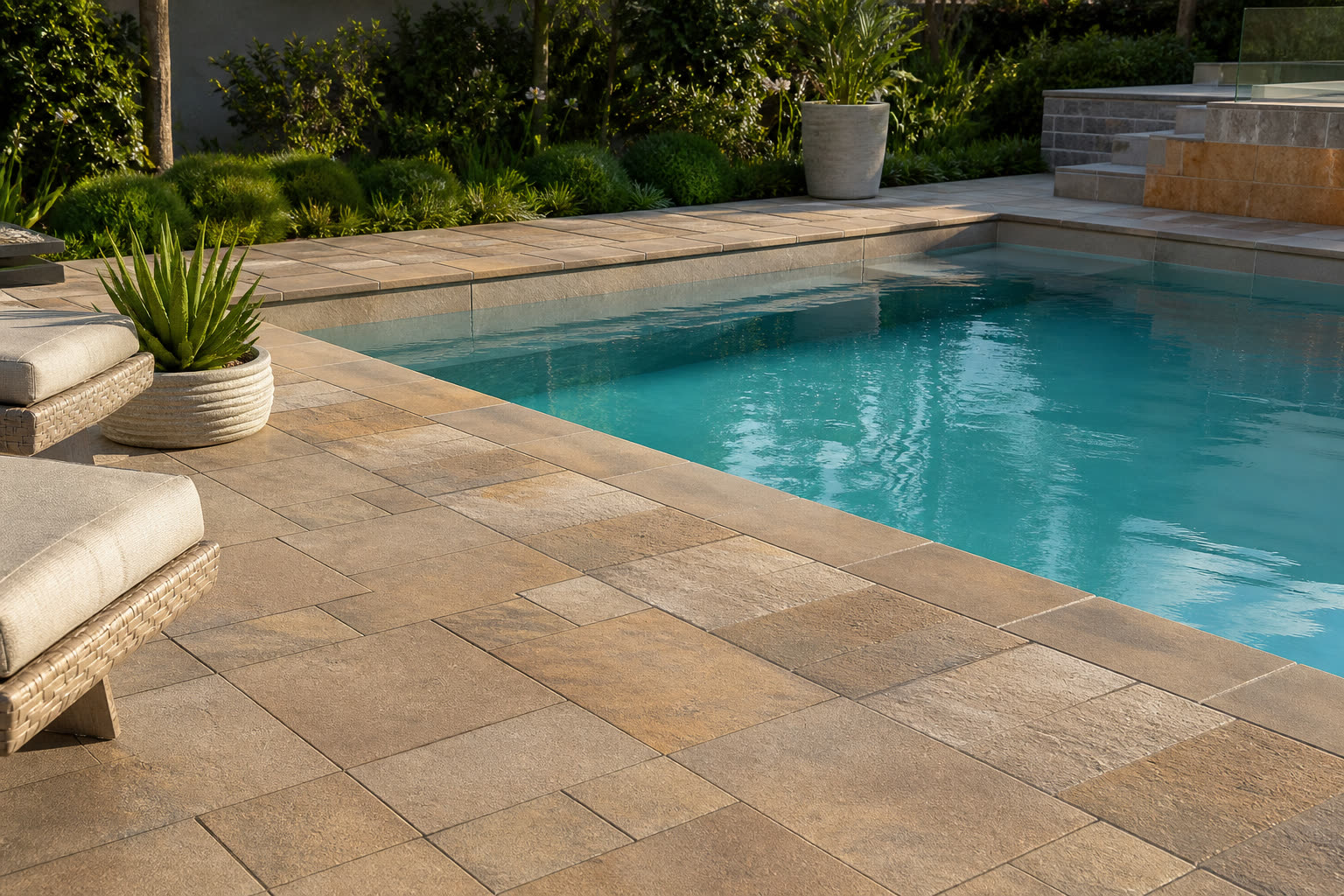 Textured paving around a swimming pool edge