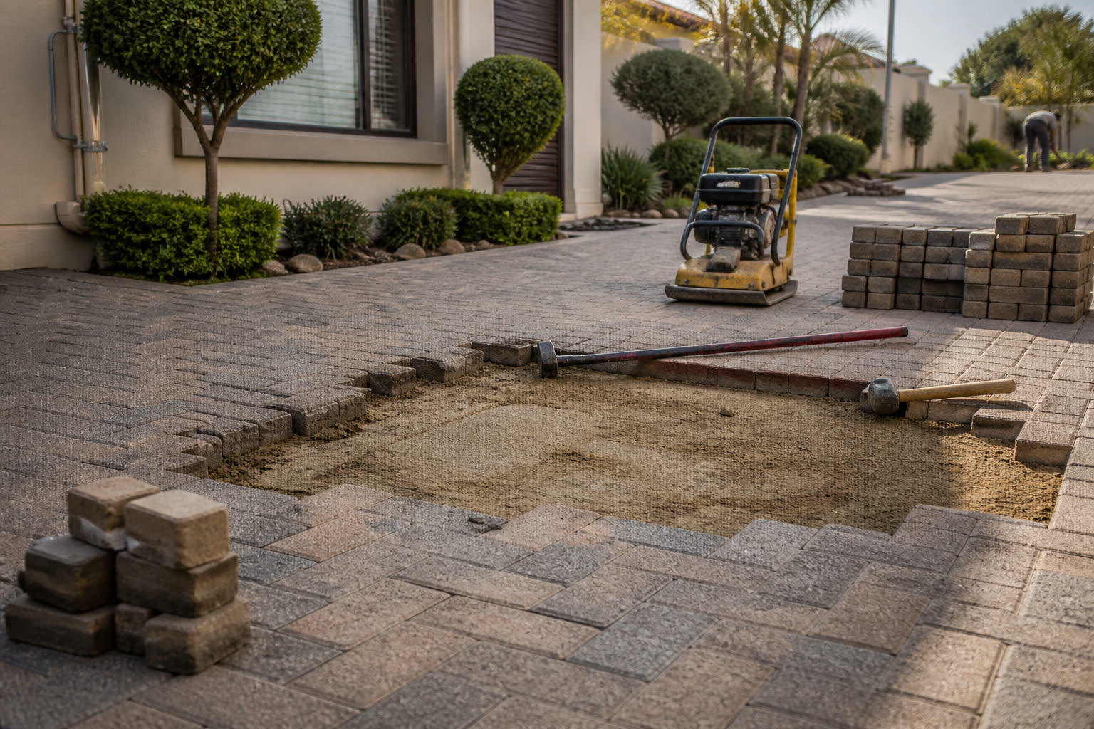 Brick paving with a section lifted and reset